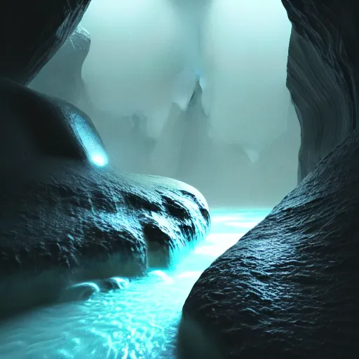 Image similar to light is mine to travel,beyond time ,the cathedrals in a underground vast cave canyon grotto of life the beginning , geological strata,ground mist, falling water,deep clear pools of water, hyper-maximalist,micro details, 3d sculpture,,digital rendering,octane render , 4k, artstation, concept art ,amazing lighting, f32,deep depth of field,photographic, wide angle,cinematic lighting