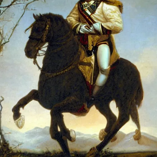 Image similar to photo, napoleon bonaparte sits on twine with his legs widely spread