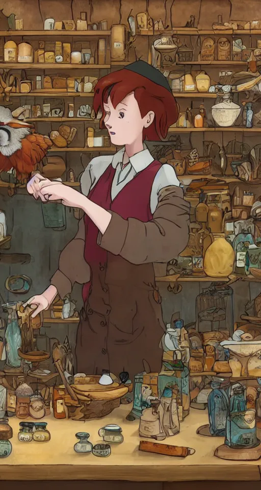 Image similar to close - up of a redhead seller at the counter in the small witch shop, with an owl, counter, cauldrons, potions, highly detailed, sharp focus, matte painting, by studio ghibli, by giovani magana, by rutkowsky,