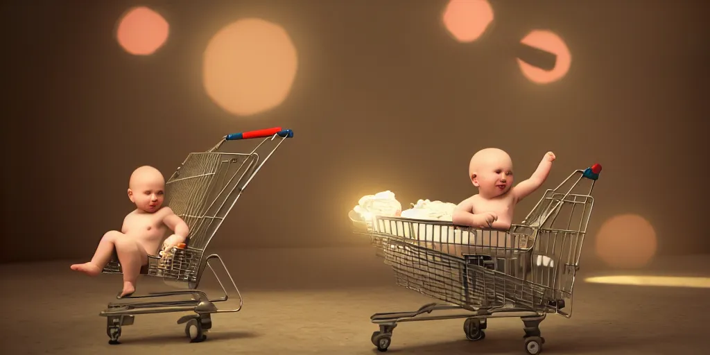 Prompt: baby in diapers with a shopping cart, dim volumetric lighting, 8 k octane beautifully detailed render, post - processing, extremely hyper - detailed, intricate, epic composition, cinematic lighting, masterpiece, trending on artstation, detailed detailed detailed, masterpiece, stunning art, wonderful masterpiece, beautiful cinematic light