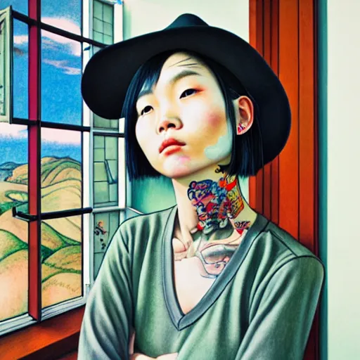 Prompt: full view, from a distance, of taiwanese girl with tattoos, wearing a cowboy hat, standing at the window, style of yoshii chie and hikari shimoda and martine johanna and edward hopper, highly detailed