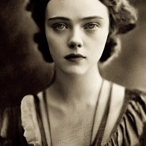 Image similar to headshot edwardian photograph of elle fanning, scarlett johansson, 1 9 2 0 s film actress, realistic face, 1 9 1 0 s, grainy, victorian, detailed, soft blur