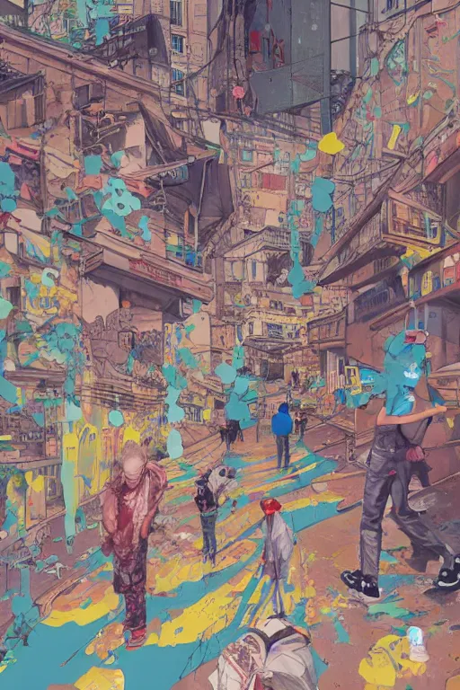 Image similar to people walking in a city covered with graffiti paint dripping down to the floor from the sky, professional illustration by james jean, painterly, yoshitaka Amano, hiroshi yoshida, moebius, loish, painterly, and artgerm, illustration