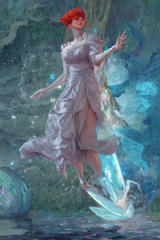 Prompt: river glitch initiator wearing sandals of the fairy by artgerm and Craig Mullins, James Jean, Andrey Ryabovichev, Mark Simonetti and Peter Morbacher 16k