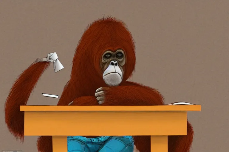 Prompt: lofi girl orangutan chilling at a desk in bedroom, cartoonish, serene