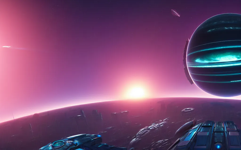 Image similar to a gigantic cityscape inverted halo planet ring in space, a scifi futuristic space - station - cityscape as far as the eye can see, at sunset, 4 k photorender realityengine