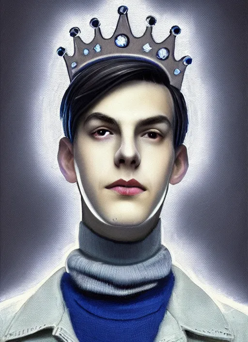 Image similar to portrait of teenage jughead jones wearing a light grey crown, crown, blue turtleneck, 1 9 5 0 s, closed eyes, photorealistic, black hair, glowing lighting, intricate, elegant, glowing lights, highly detailed, digital painting, artstation, concept art, smooth, sharp focus, illustration, art by wlop, mars ravelo and greg rutkowski