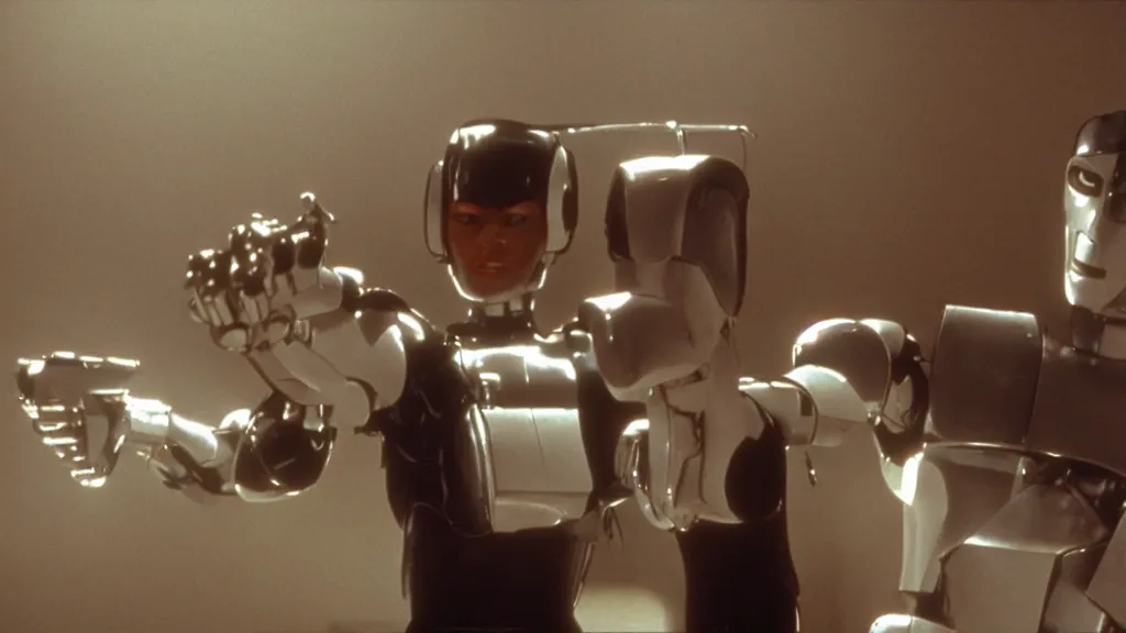 Image similar to movie still of pulp fiction but with robots, movie still, cinematic composition, cinematic light, by david lynch