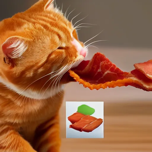 Prompt: orange tabby cat fighting an anthropomorphic bacon strip, realistic