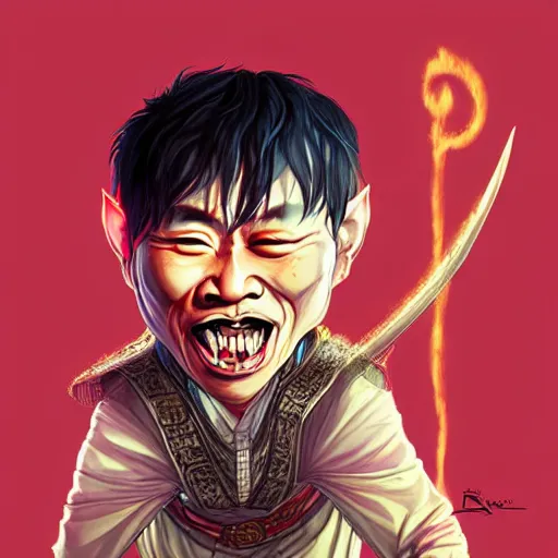 Prompt: crazy asian man as the caracter of lord of the ring by rossdraws, artgrem