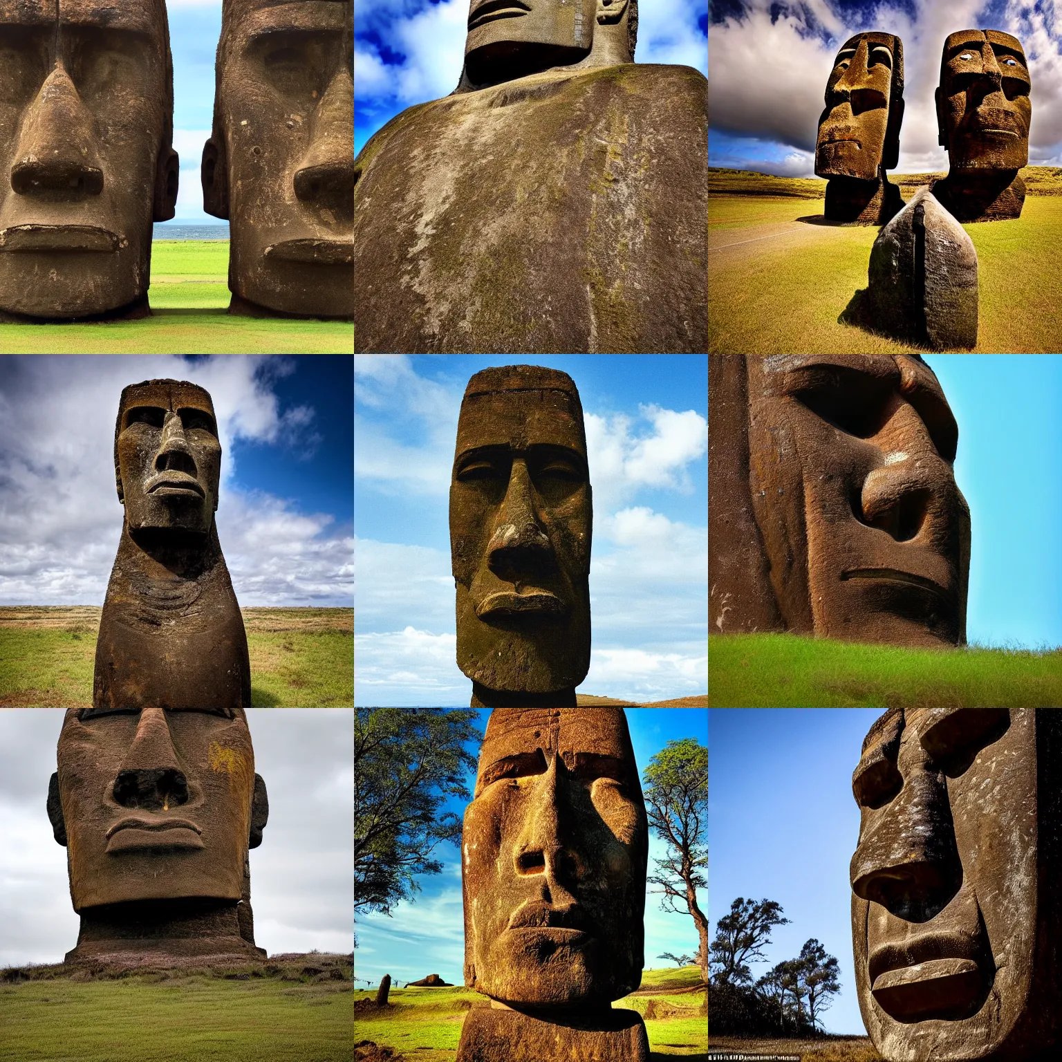 Prompt: extreme long shot of a moai that looks like dwayne johnson, award winning photo, high detail, tranquil, atmospheric, 8k
