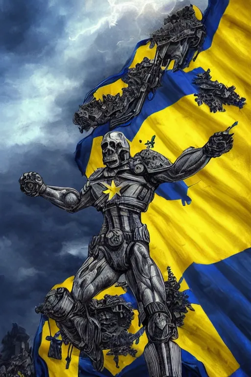 Image similar to a full body shot from distance of a super soldier with a Ukrainian blue and yellow stripes flag standing in the beam of light from the clouds on a pile of skulls and rotten cars as a winner, masculine figure, D&D, fantasy, intricate, elegant, highly detailed, digital painting, artstation, concept art, matte, sharp focus, symmetrical, illustration, hyperrealistic, super realistic art by Artgerm and Greg Rutkowski and Alphonse Mucha