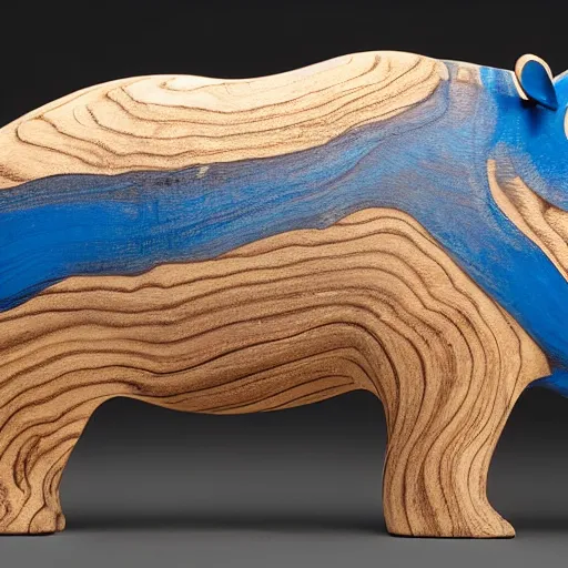 Prompt: epoxy resin, wood, a photo of a model hippo made of repurposed elm wood composite mixed with straight lines blue epoxy! resin, full subject shown in photo, award - winning photo, dramatic lighting, studio zeiss 1 5 0 mm f 2. 8 hasselblad