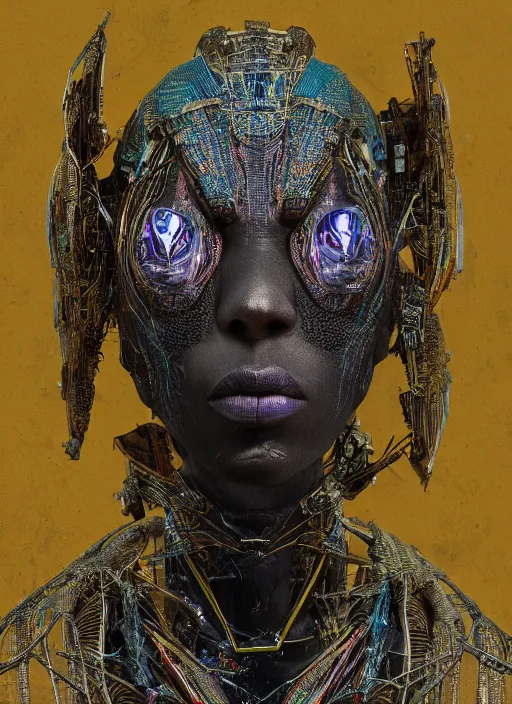 Image similar to portrait of a futuristic african voodoo wizard cyborg, made from million point clouds, in the style of ghost in the shell, kintsugi, modern fine art, fractal, intricate, elegant, highly detailed, digital photography, subsurface scattering, by jheronimus bosch and greg rutkowski,