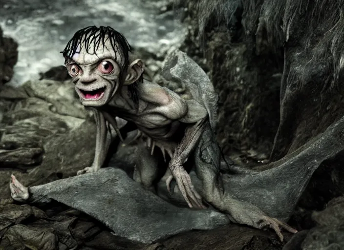 Image similar to ice poseidon playing as Gollum in The Hobbit (2012) , 35mm photography, highly detailed, cinematic lighting, dystopian, grunge 4k