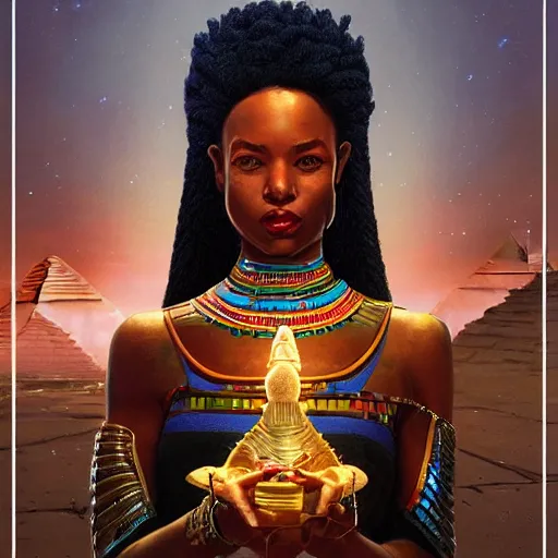 Prompt: highly detailed portrait of an african egyptian goddess destroying her ego, intricate alien technology, stephen bliss, unreal engine, fantasy art by greg rutkowski, loish, rhads, ferdinand knab, makoto shinkai and lois van baarle, ilya kuvshinov, rossdraws, tom bagshaw, global illumination, radiant light, detailed and intricate environment