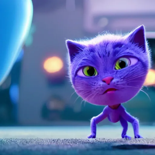 Image similar to a cinematic fill still from a 2015 Pixar movie where anthropomorphic cats battle with aliens, in the style of Pixar, shallow depth of focus