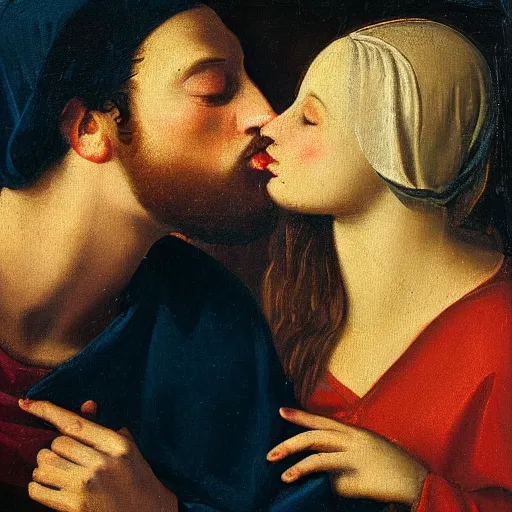 Image similar to an oil panting of a jesus kissing maria maddalena