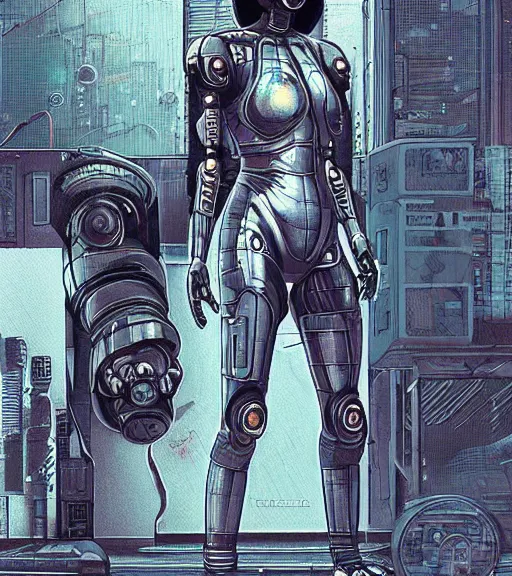 Prompt: robot woman with a hologram for a face, at a cyberpunk market, techwear, dead space, visible face, Industrial Scifi, detailed illustration, character portrait, by Martin Grip and Moebius