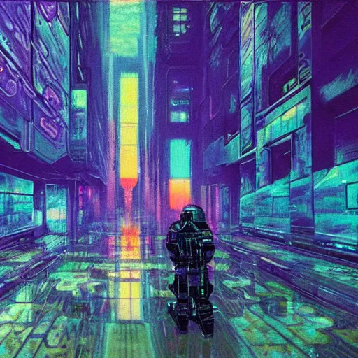 Image similar to psychic warfare, technopunk, cyberpunk, vaporwave, painting by monet