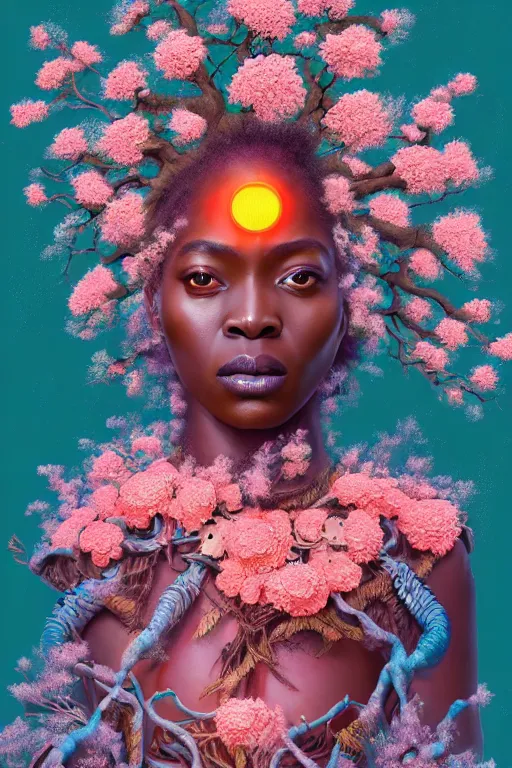 Image similar to hyperrealistic post - renaissance cinematic super expressive! yoruba goddess with exoskeleton armor, merging with tree in a forest, pink orange flowers, highly detailed digital art masterpiece, smooth cam de leon eric zener dramatic pearlescent soft teal light, ground angle hd 8 k, sharp focus