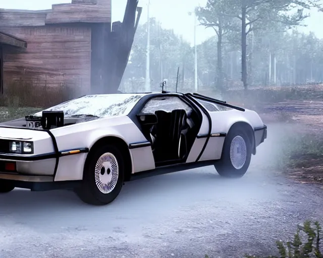 Image similar to new concept for a delorean, cinematic, photoreal, by red dead redemption 2