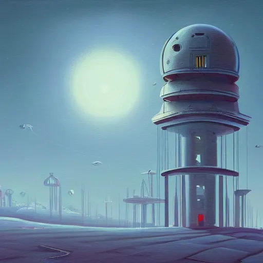 Image similar to beautiful painting of a white observatory in the cloudy dreams of a mainframe in the style of Simon Stålenhag and H. R. Giger, detailed, trending on Artstation