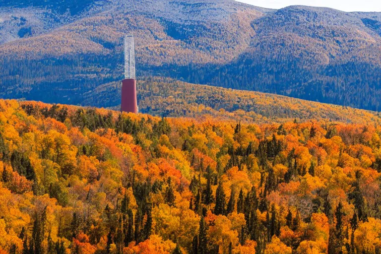 Image similar to a mountain with a radio tower next to a pond, autumn hills in background. telephoto lens photography.