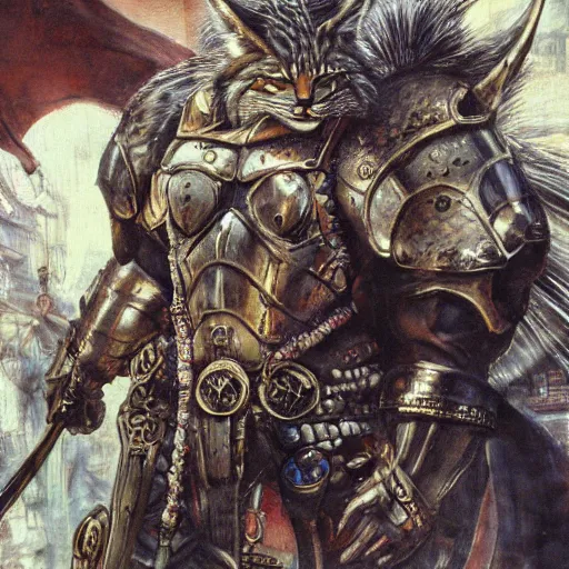 Prompt: 8k Yoshitaka Amano painting of upper body of a young cool looking lynx beast-man with white mane at a medieval market at windy day. Depth of field. He is wearing complex fantasy armors. Renaissance style lighting.