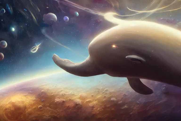 Image similar to a giant whale floating in outer - space, galaxies, stars, planets, star dust, ultra detailed, realistic, octane render, jesper ejsing, james jean, justin gerard, tomasz alen kopera, cgsociety, fenghua zhong, makoto shinkai, highly detailed, rim light, art, cinematic lighting, very coherent, 8 k