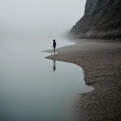 Image similar to a woman, standing in shallow endless water, foggy, backlit, backlit, photo by Marat Safin, Canon EOS R3, f/1.4, ISO 200, 1/160s, 8K, RAW, unedited, symmetrical balance, in-frame