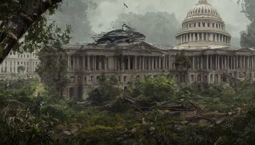 Prompt: Abandoned damaged Capitol covered by vegetation, game art matte painting hyperdetailed, artstation, cgsociety, 8k