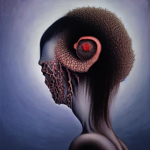 Image similar to dramatic portrait painting of sad woman with black mandelbrot fractal instead of face, in style of zdzisław beksinski, horror, body horror, dark, disturbing,