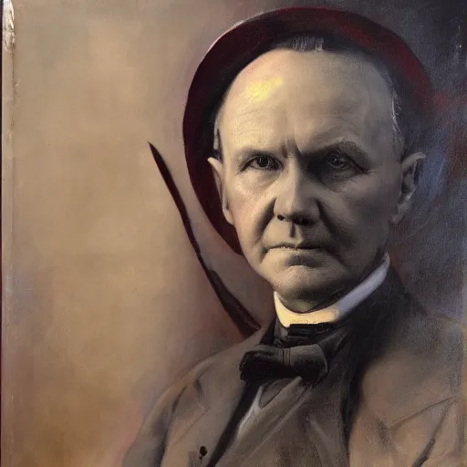 Prompt: calvin coolidge as a dnd fantasy tiefling, horned coolidge epic painting. official portrait, dnd character painting by gibbs - coolidge. oil on canvas, wet - on - wet technique, underpainting, grisaille, realistic. restored face.