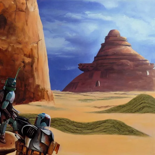 Image similar to Boba Fett looking at a giant cliff on Tatooine, oil painting