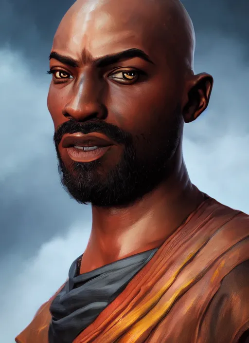 Prompt: An epic fantasy comic book style portrait painting of a young dark skinned thief with big shoulders and bald hair, unreal 5, DAZ, hyperrealistic, octane render, cosplay, RPG portrait, dynamic lighting