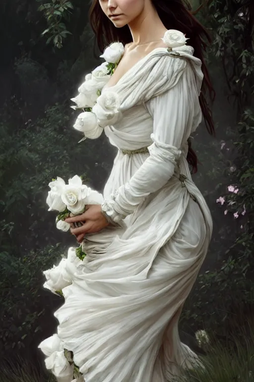 Image similar to Nina Dobrev dressed in a vaporous wrapped large victorian white roses cotton dress fashion, D&D, fantasy, intricate, elegant, highly detailed, digital painting, artstation, concept art, matte, sharp focus, illustration, art by Artgerm and Greg Rutkowski and Alphonse Mucha