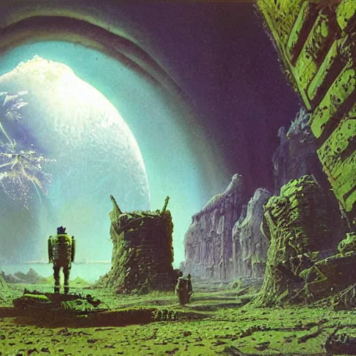 Prompt: astronauts exploring alien ruins, green mist atmosphere, art by bruce pennington