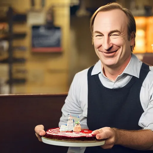 Image similar to bob odenkirk, smiling, holding a birthday cake, studio photograph, cinematic lighting