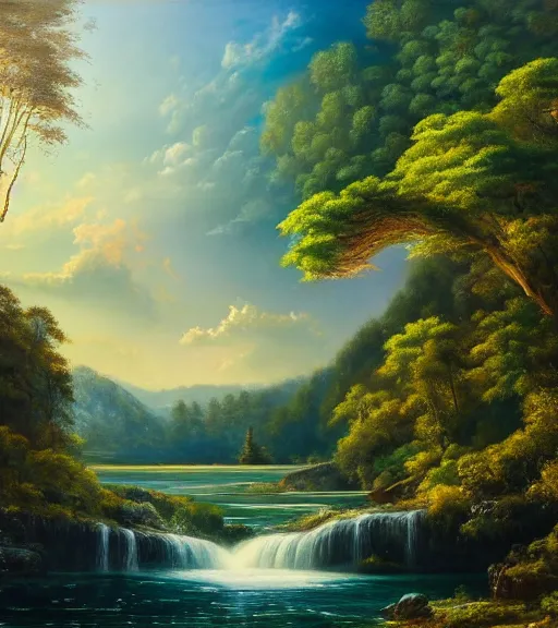 Image similar to the most beautiful panoramic landscape, oil painting, where a giant dreamy waterfall creates a river, the trees around are starting to bloom, cinematic lighting, highly detailed