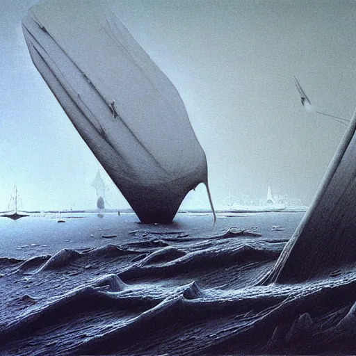 Image similar to an ice ship by Zdzisław Beksiński, oil on canvas