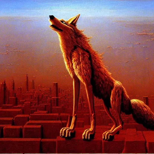 Image similar to a giant coyote stands over a city painting by beksinski, barlowe colors. masterpiece painting