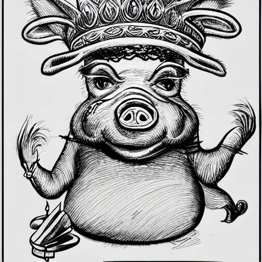 Image similar to detailed line art doodle sketches of a pig wearing a gold crown by Dr. Seuss