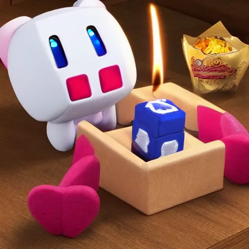 Prompt: kirby eating dinner with companion cube from the game portal, romantic, candlelight, realistic, photo