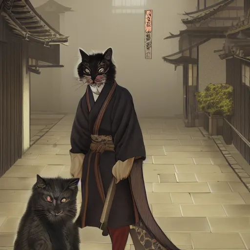 Prompt: nekomata walking by the streets of the medieval japan, Trending on Artstation, realistic, fantasy, concept art, dark colors, 8k