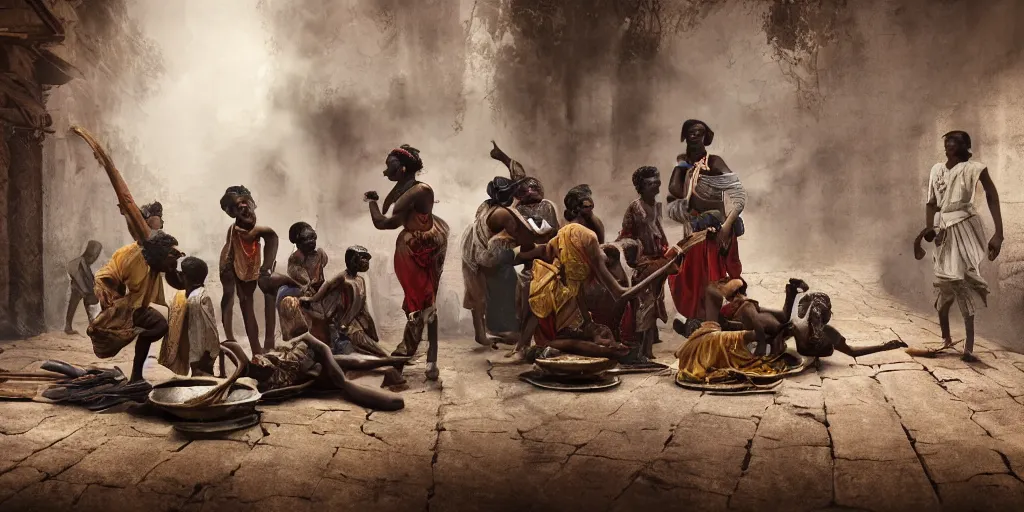Image similar to Editorial photographs of east india company slave trade natives of Arrakan, octane render, Dslr, canon 24mm, hyper realism, award winning masterpiece with incredible details, cinematic lighting, ray tracing, micro details, 8k