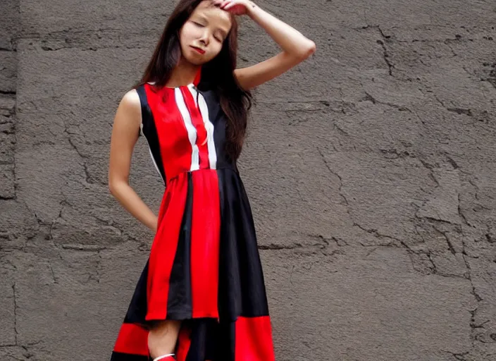 Image similar to “ silk dress, red stripes, black polka dots, model ”