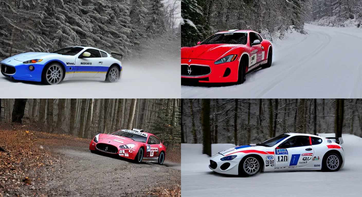 Prompt: a 2 0 1 0 maserati granturismo mc gt 4, racing through a rally stage in a snowy forest