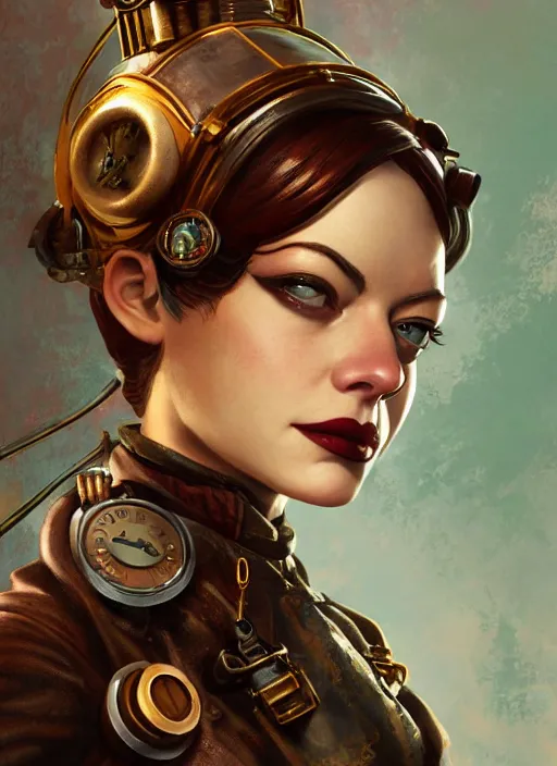 Prompt: Steampunk Bioshock portrait of Emma Stone, au naturel, hyper detailed, digital art, trending in artstation, cinematic lighting, studio quality, smooth render, unreal engine 5 rendered, octane rendered, art style by klimt and nixeu and ian sprigger and wlop and krenz cushart