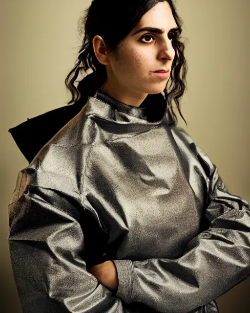 Prompt: hila klein from h 3 h 3, wearing an oufit made from stainless steel, weird expressionist pose, modern fashion, half body shot, photo by greg rutkowski, female beauty, f / 2 0, symmetrical face, warm colors, depth of field